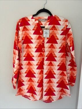 White & Red Geometric Button-Up soft viscose relaxed fit Blouse kurta